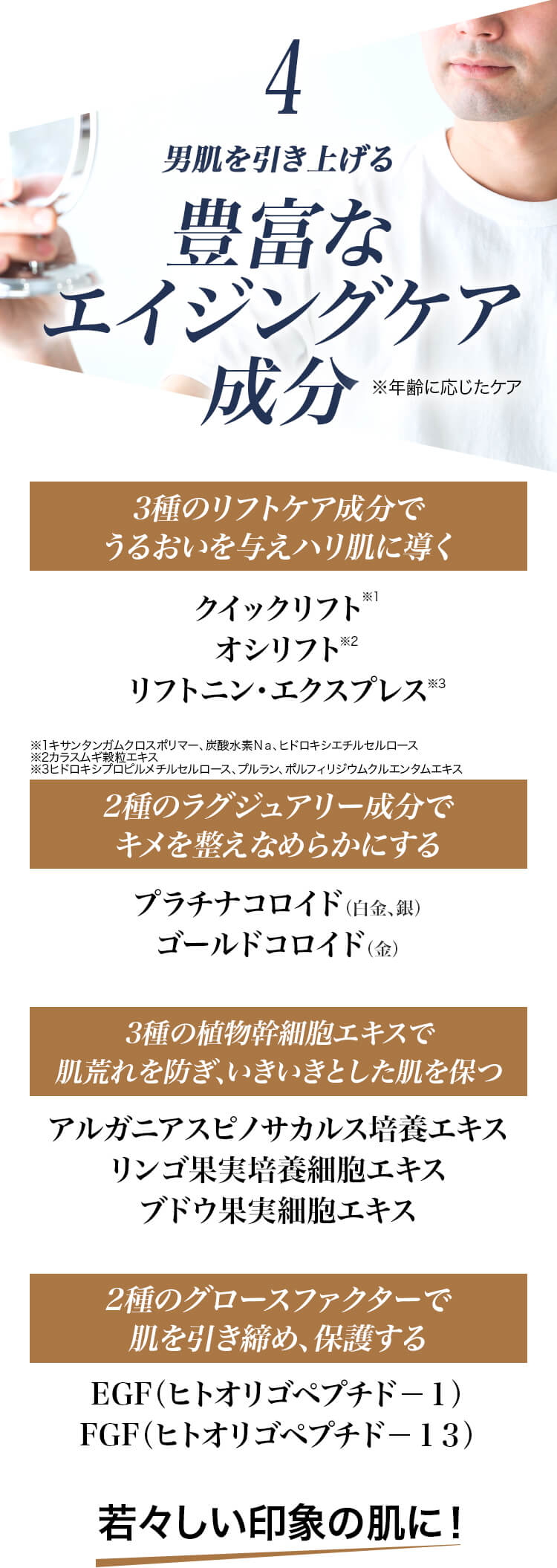 男肌を引き上げる豊富なエイジングケア成分 若々しい印象の肌に!