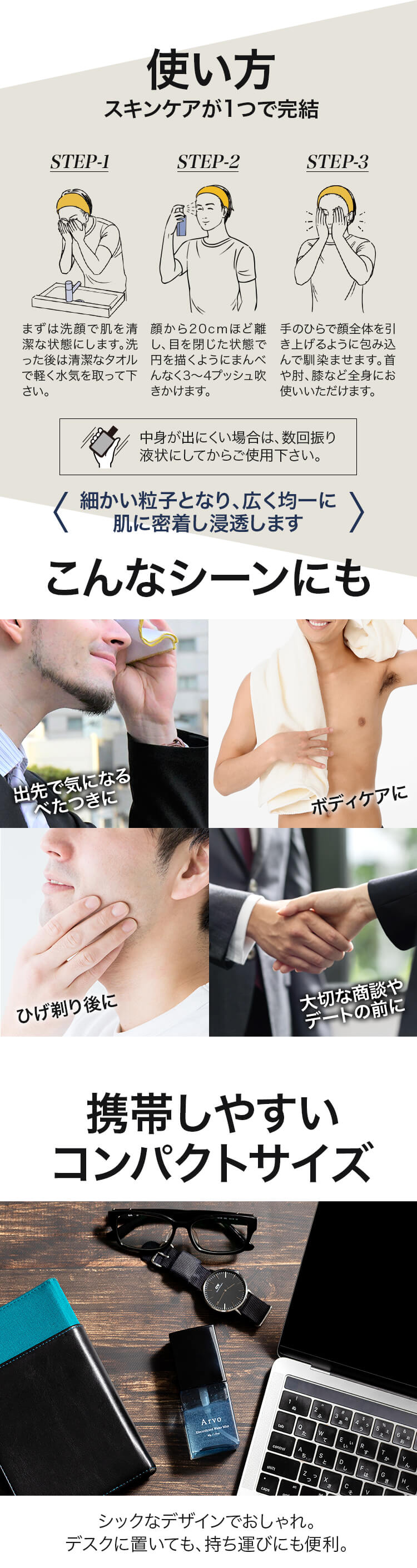ベタつきに ボディケアに 髭剃り後に 商談やデートの前に 携帯しやすいコンパクトサイズ
