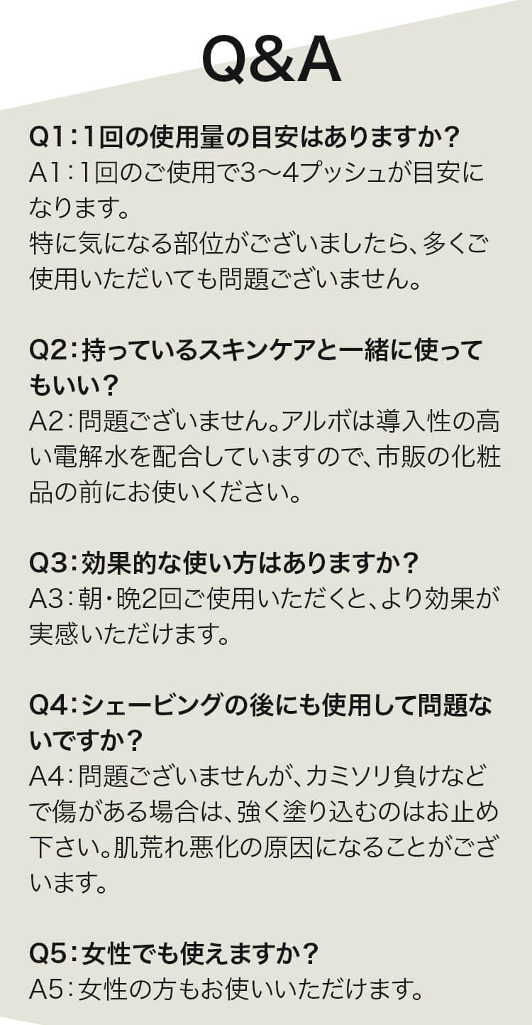 Q&A 1回の使用量の目安はありますか? 持っているスキンケアと一緒につかてもいい? 効果的な使い方はありますか? シェービングの後にも使用しても問題ないですか? 女性でも使えますか?