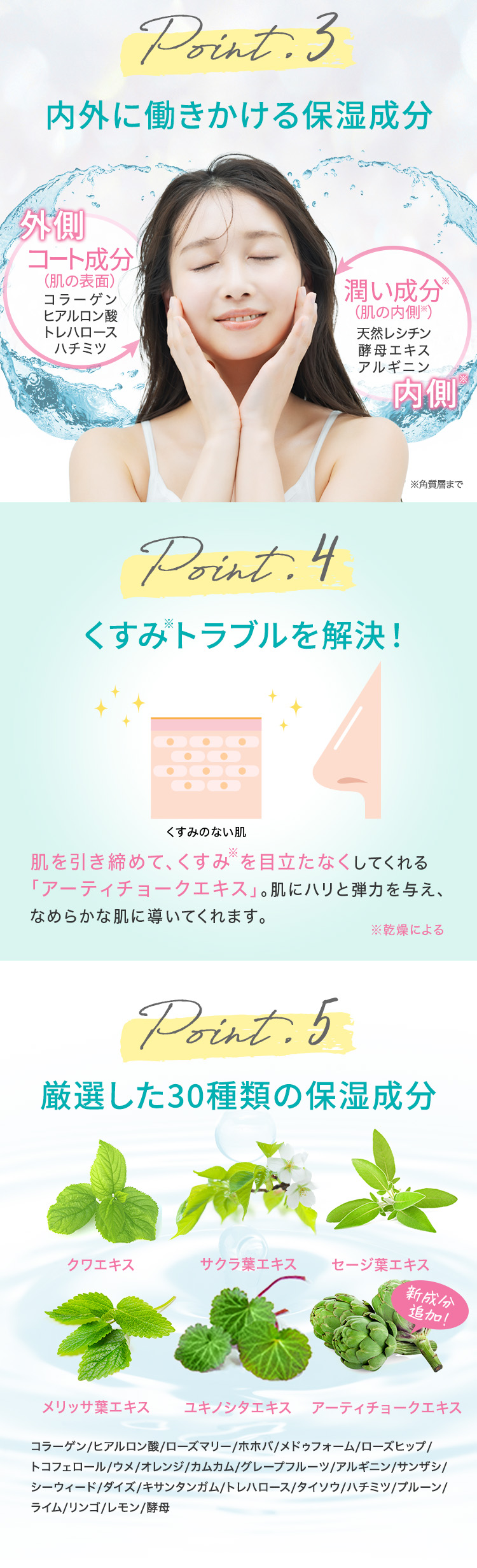 エクラシャルムの秘密【Point3:内外から働きかける保湿成分】【Point4:厳選した30種類の美容成分】