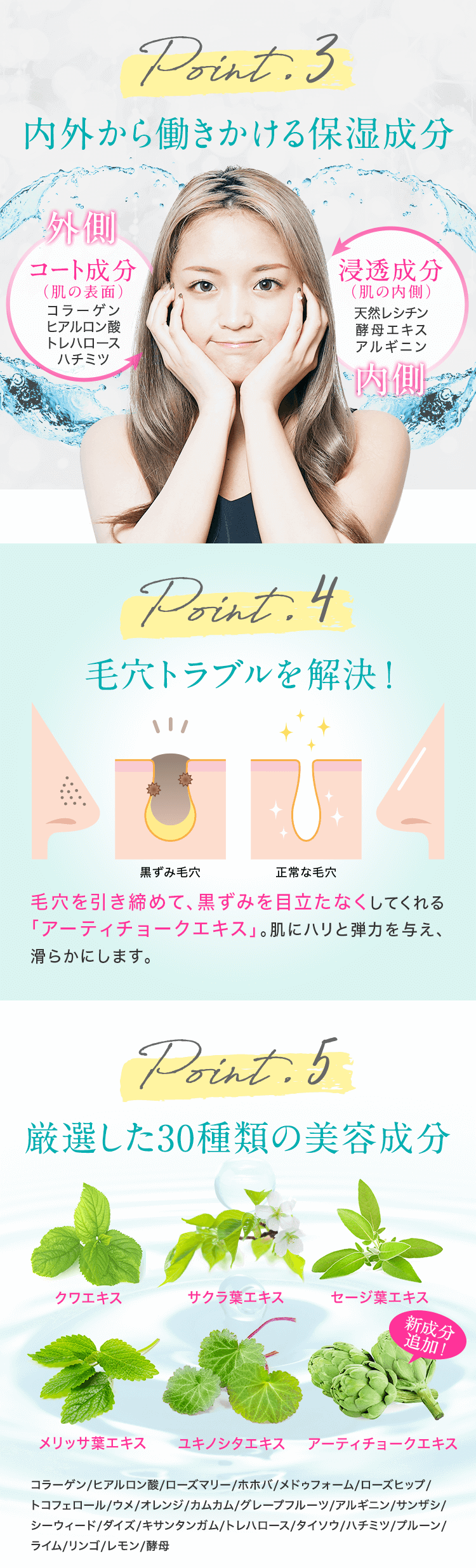 エクラシャルムの秘密【Point3:内外から働きかける保湿成分】【Point4:厳選した30種類の美容成分】