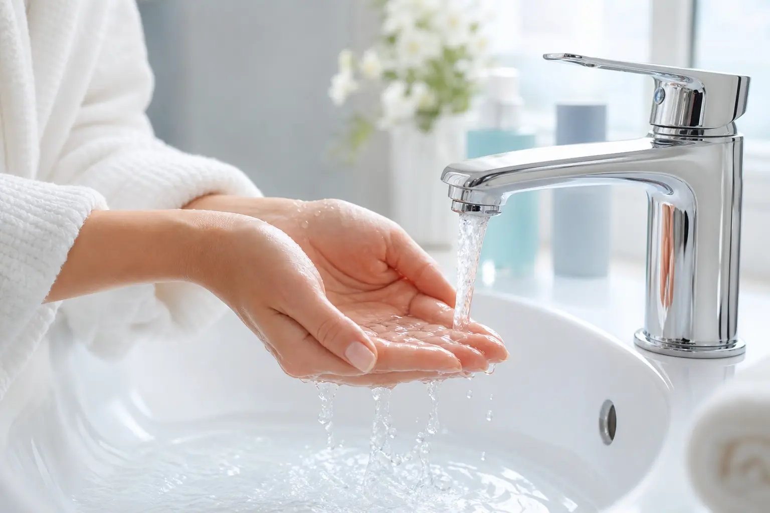 清潔な水をすくう様子　肌にやさしいケアに切り替えましょう