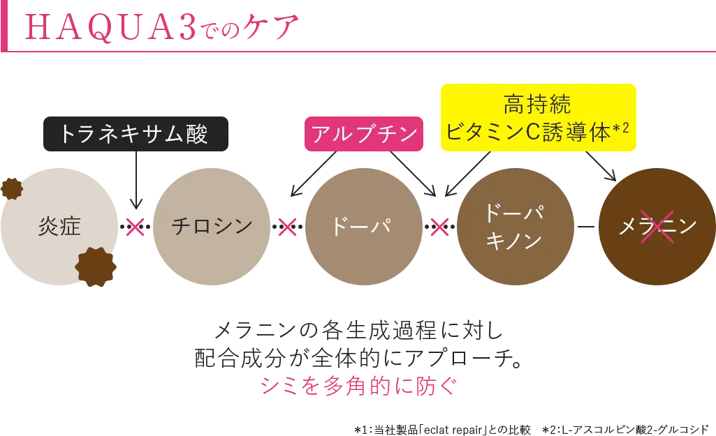 HAQUA3でのケア メラニンの各生成過程に対し配合成分が全体的にアプローチ。シミを作らせない
