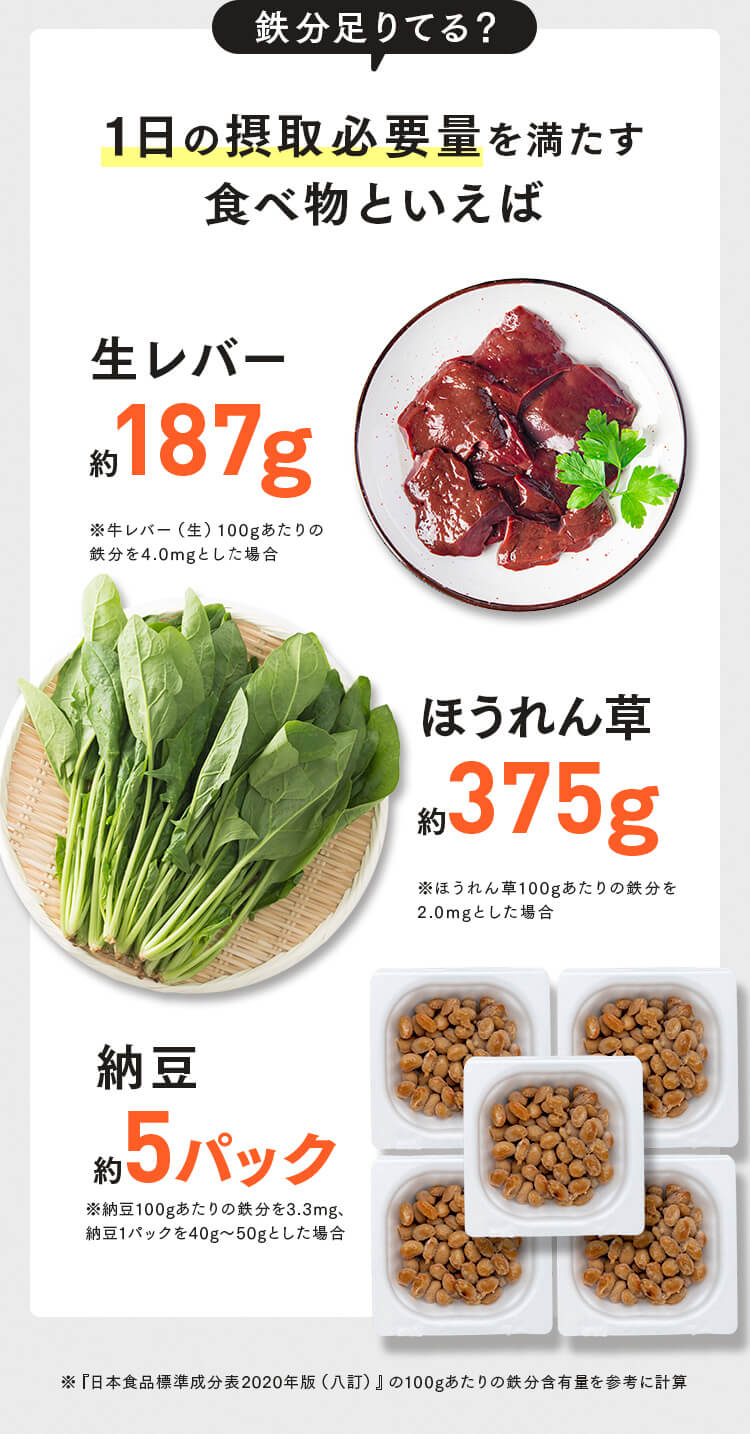 鉄分の１日の必要摂取量を満たす食べ物は？