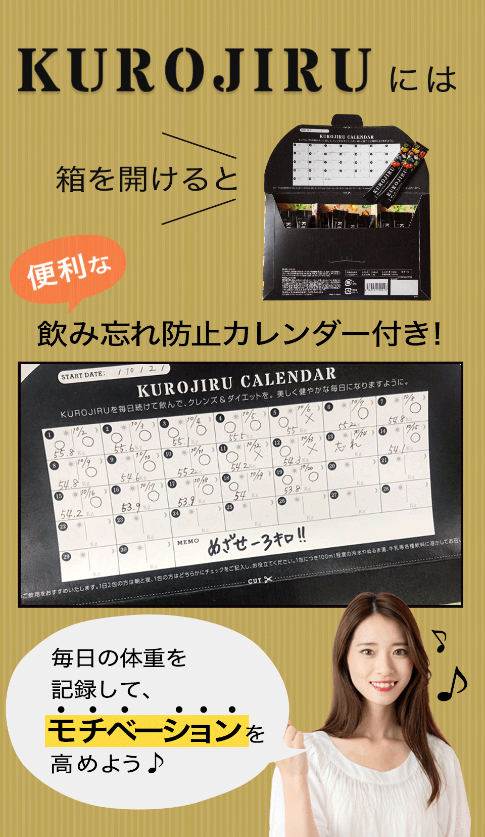 箱を開けると、飲み忘れ防止カレンダー付き！レコーディングダイエットに！